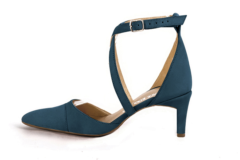 Peacock blue women's open side shoes, with crossed straps. Tapered toe. Medium comma heels. Profile view - Florence KOOIJMAN